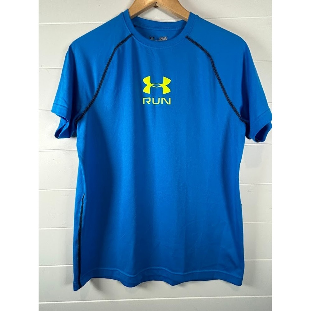 Under Armour Mens HeatGear Run Fitted Short Sleeve Shirt Blue Neon Yellow Medium